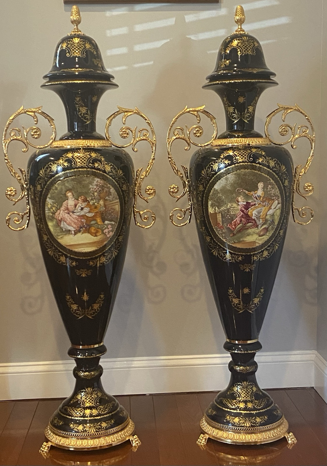 PAIR Of Large Cobalt Blue Limoges Porcelain Vases Urn Victorian 52” PAIR Of Large Cobalt Blue Limoges Porcelain Vases Urn Victorian 52”