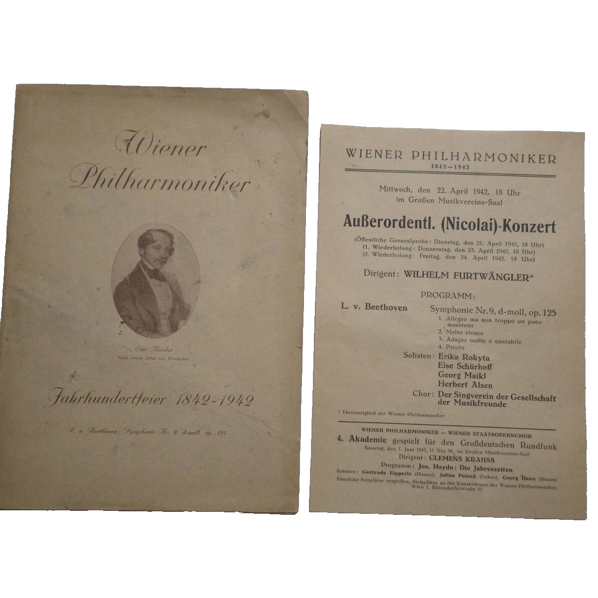 1942 WWII Beethoven 9 Program Furtwängler Vienna Phil April 22 Rare Pamphlet