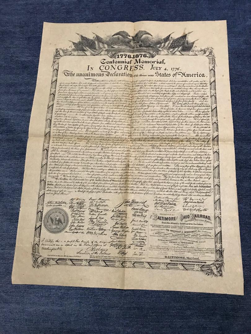 Rare 1876 CENTENNIAL MEMORIAL DECLARATION OF INDEPENDENCE.BALTIMORE, MARYLAND