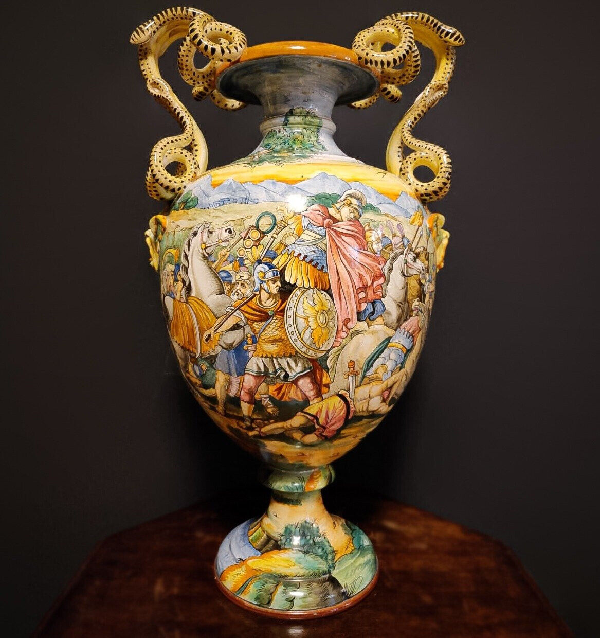 Unique XL Italian majolica vase 25.5 in. Early 1900s with Roman Battle scene