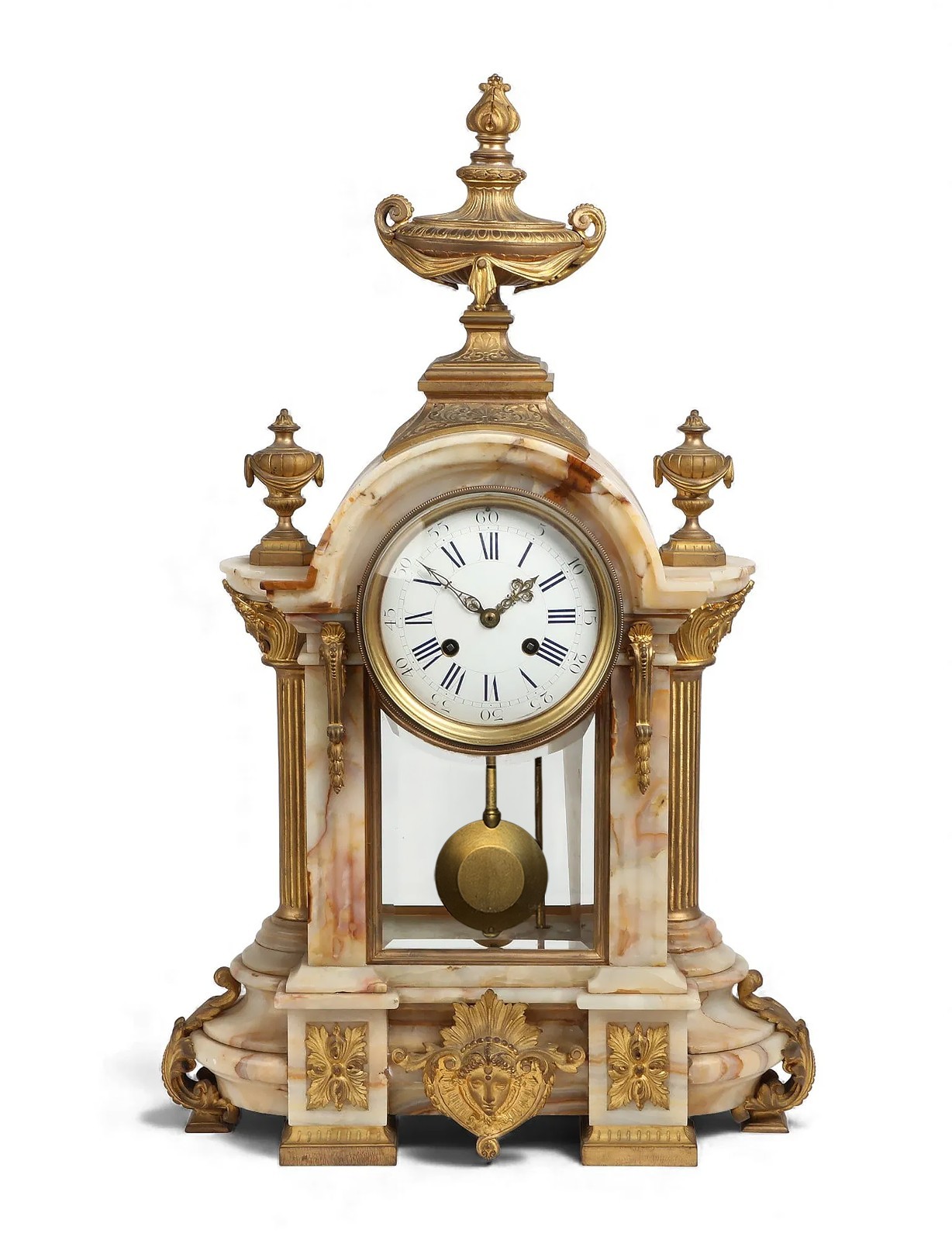Enormous Antique 15 Day French Crystal Regulator Clock, Portico Style Stone Case