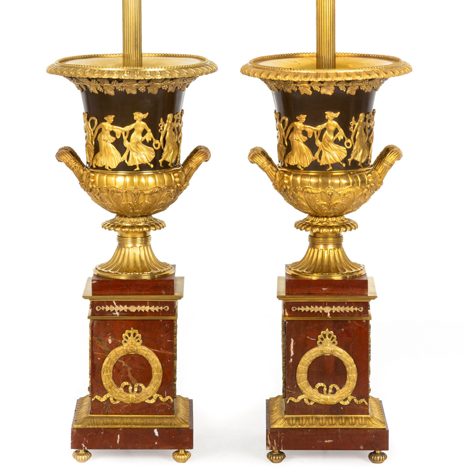 Pair of French 19th Century Neoclassical Bronze and Red Marble Lamps Pair of French 19th Century Neoclassical Bronze and Red Marble Lamps