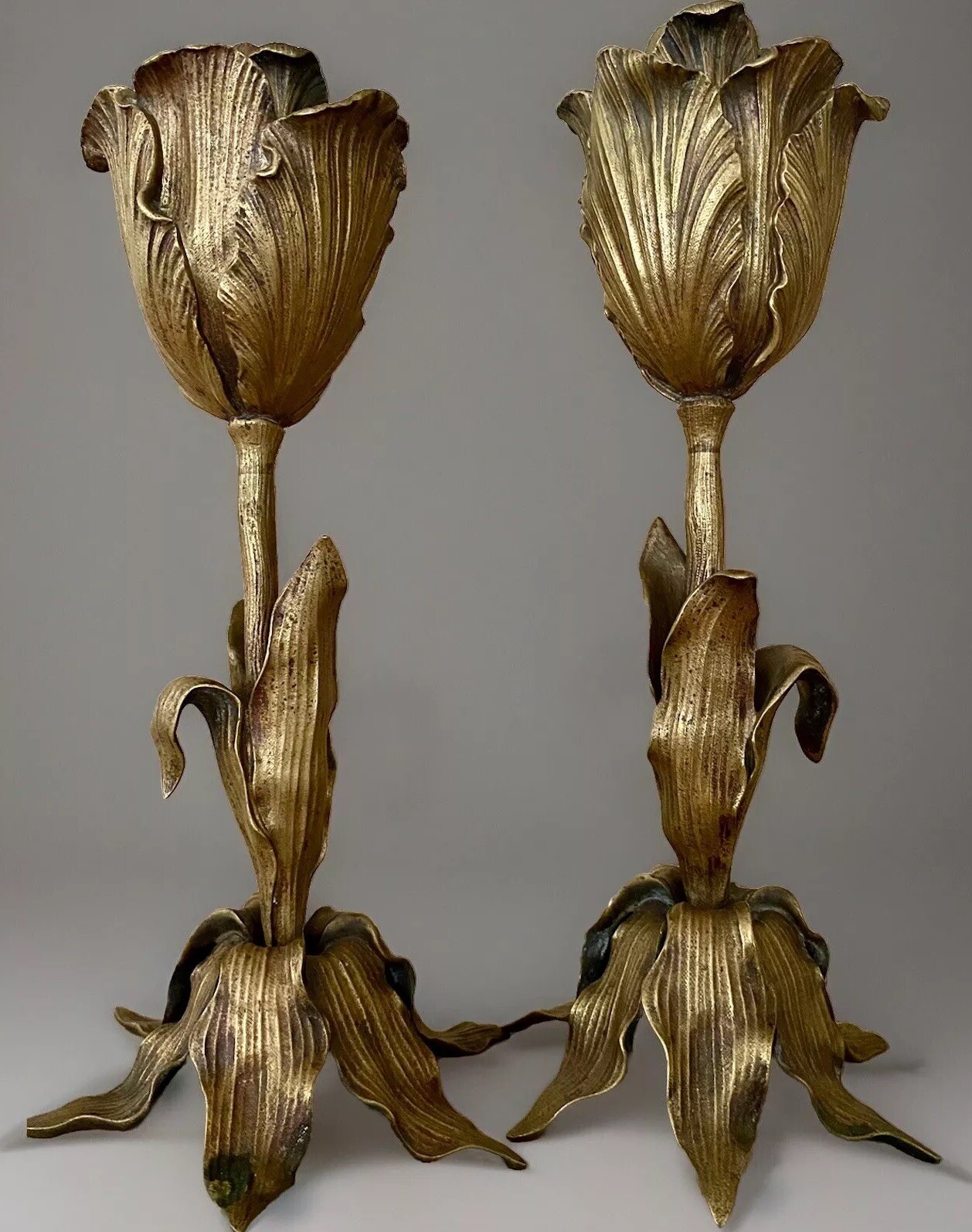 19th C Bronze Pair French Candlesticks Candle Holders Tulips ART NOUVEAU SIGNED 19th C Bronze Pair French Candlesticks Candle Holders Tulips ART NOUVEAU SIGNED