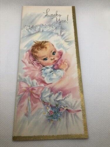 VINTAGE NEW BORN BABY CHILD PILLOW RIBBON PINK BLUE EYES GREETING CARD ART PRINT
