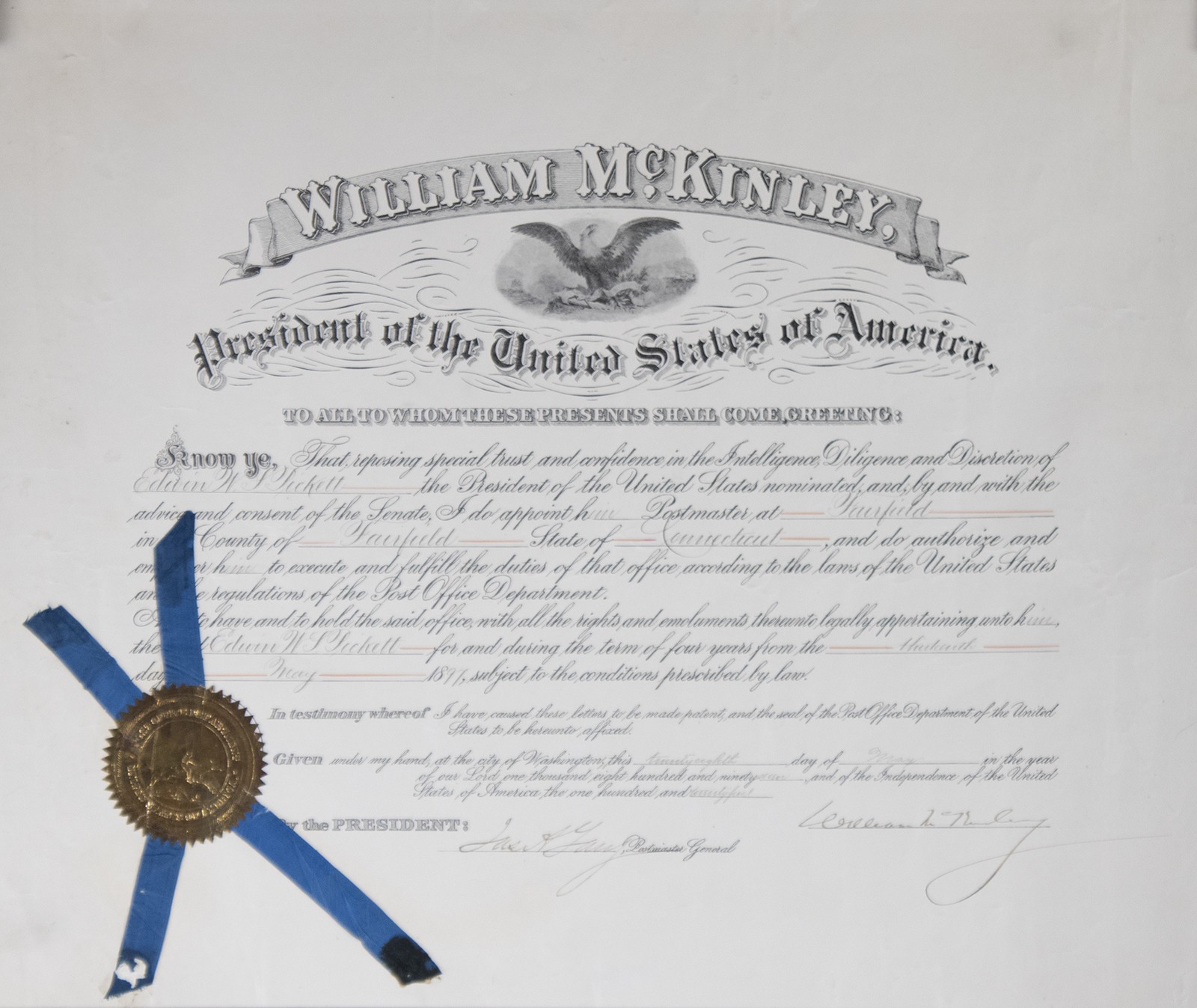 WILLIAM McKINLEY - CIVIL APPOINTMENT SIGNED 05/28/1897 WITH CO-SIGNERS WILLIAM McKINLEY - CIVIL APPOINTMENT SIGNED 05/28/1897 WITH CO-SIGNERS
