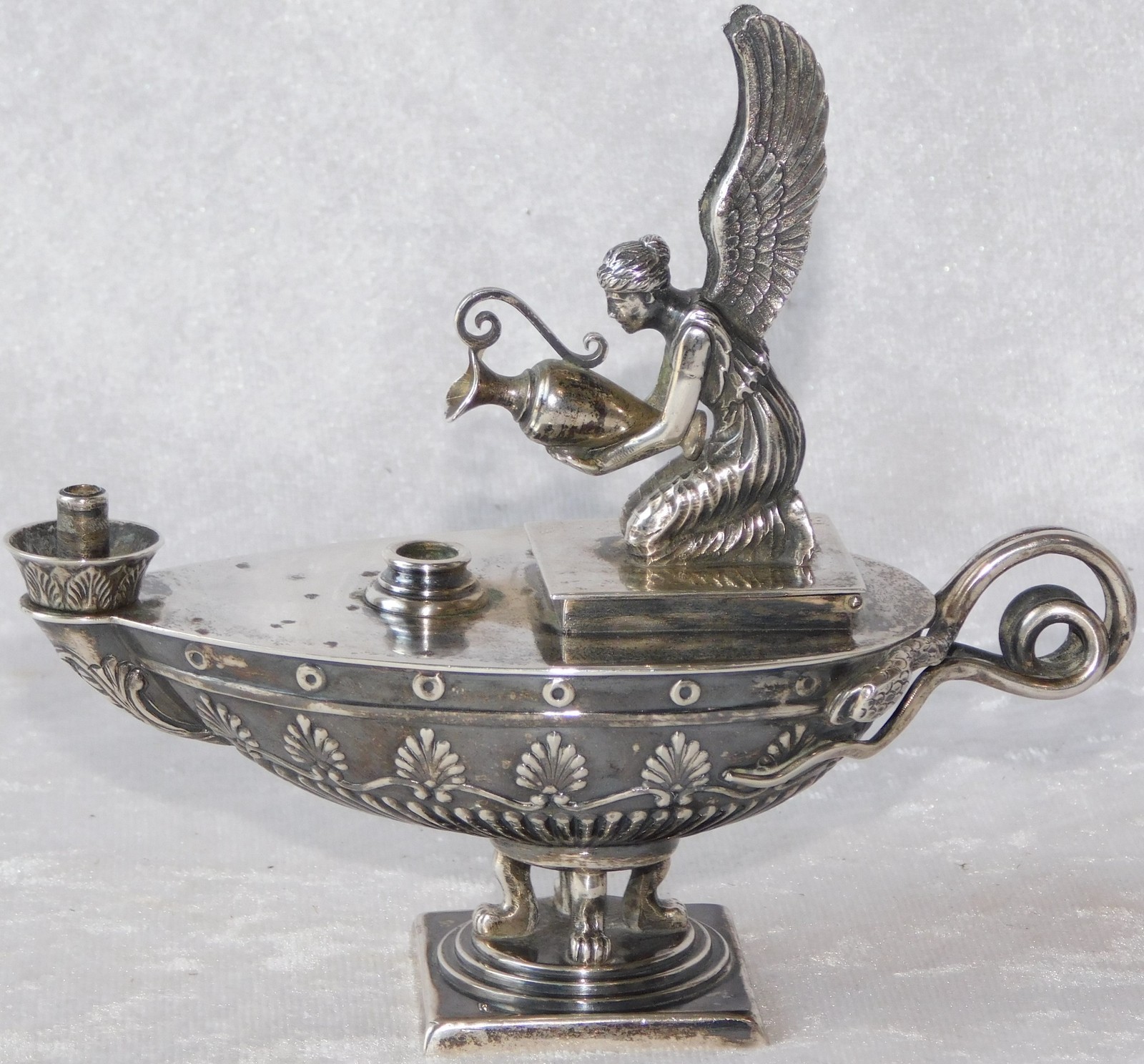 Antique Neoclassical Figural Angel 800 Silver Aladdin Cigar Lighter Oil Lamp Antique Neoclassical Figural Angel 800 Silver Aladdin Cigar Lighter Oil Lamp