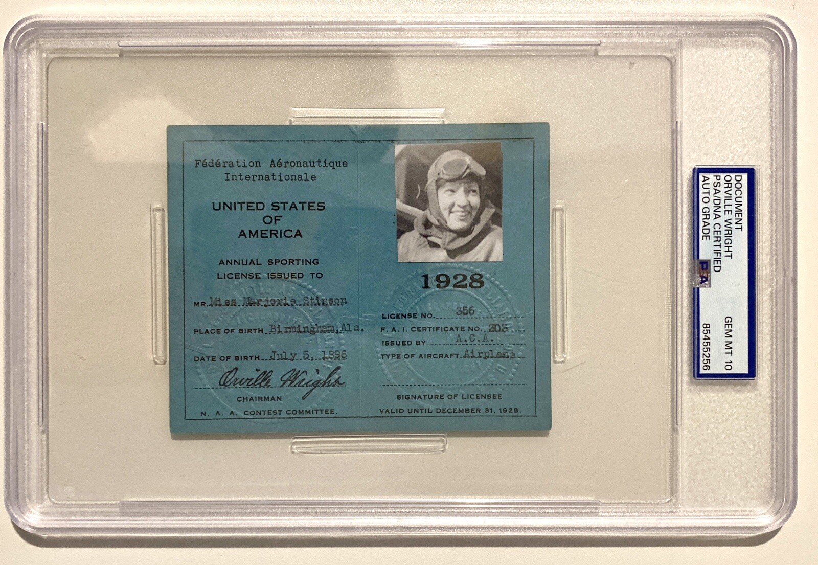 One Of A Kind Orville Wright Signed Marjorie Stinson Pilot License 1928 PSA 10 One Of A Kind Orville Wright Signed Marjorie Stinson Pilot License 1928 PSA 10