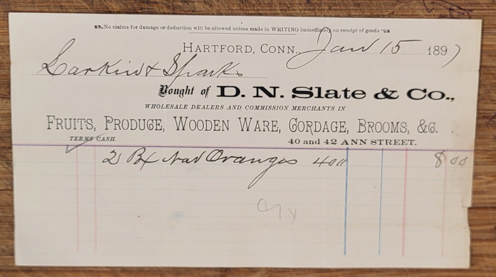 1897 Billhead Connecticut Hartford DN Slate Fruits Produce 1897 Billhead Connecticut Hartford DN Slate Fruits Produce