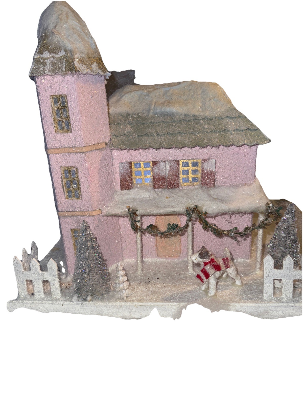 Cody Foster Putz House Large Christmas Village House Pink Dog W/scarf-RARE Cody Foster Putz House Large Christmas Village House Pink Dog W/scarf-RARE