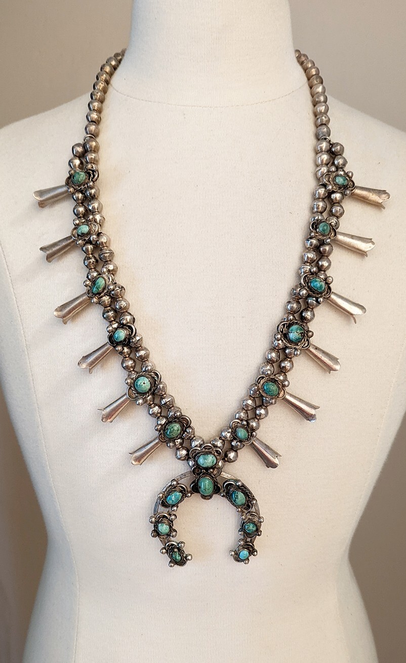 Vintage 50s-60s Navajo Squash Blossom Necklace with Classic light green Turquois Vintage 50s-60s Navajo Squash Blossom Necklace with Classic light green Turquois