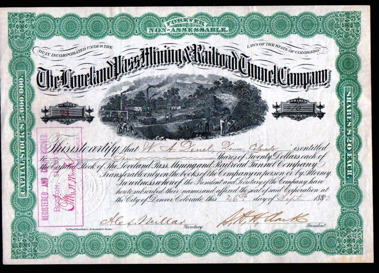 1892 Colorado - Loveland Pass - Silas H H Clark - Jay Gould's Man - Certificate 1892 Colorado - Loveland Pass - Silas H H Clark - Jay Gould's Man - Certificate