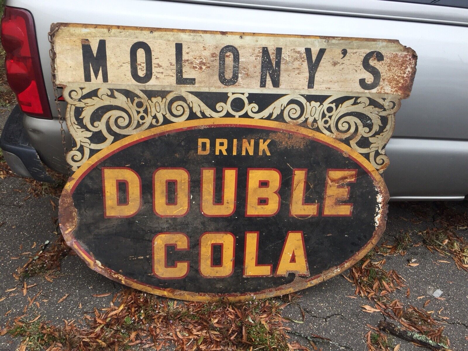 1930s Original 2-Sided Die-Cut Filigree DOUBLE COLA Metal Sign MOLONYS Canton MS