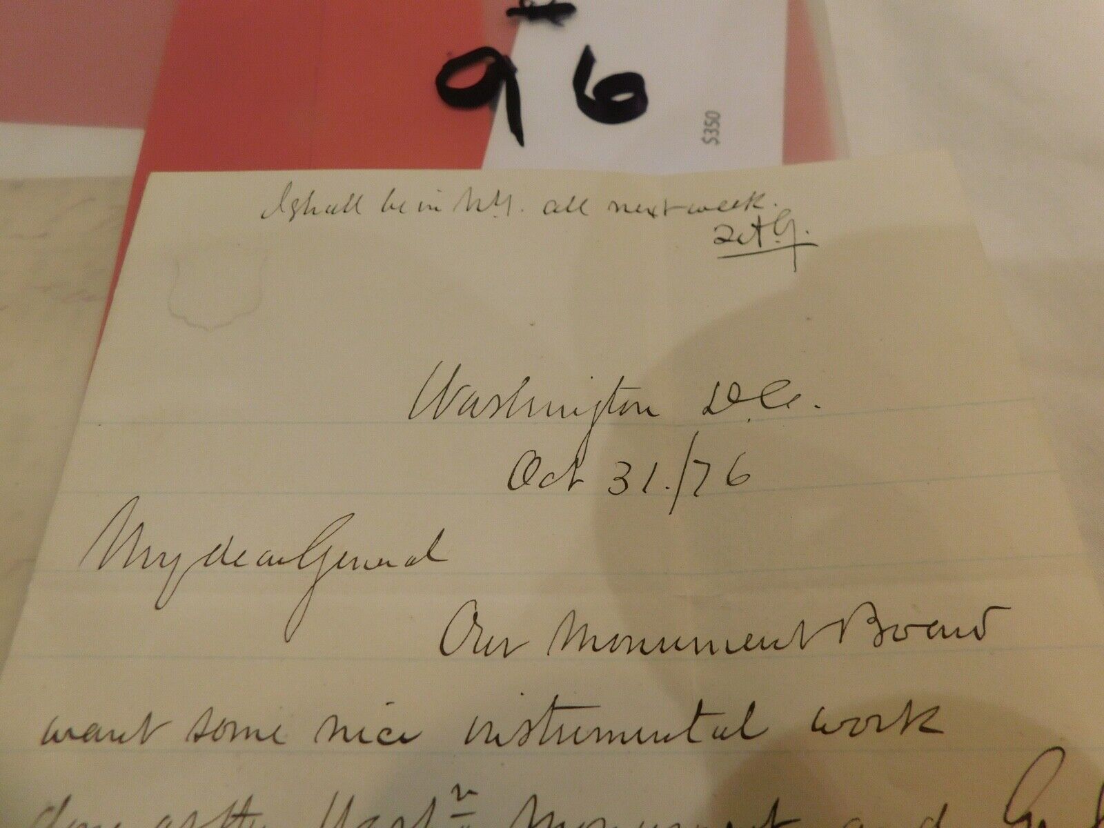 272 Civil War General Quincy Gillmore Letter 1876 Washington Building Monument