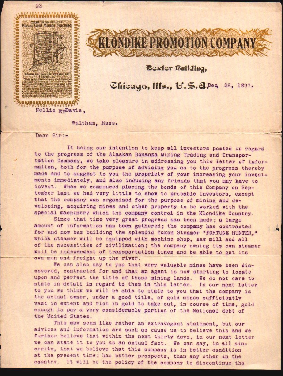 1897 - Klondike Promotion Co Placer GOLD MINING Machine RARE Letter head bill 1897 - Klondike Promotion Co Placer GOLD MINING Machine RARE Letter head bill