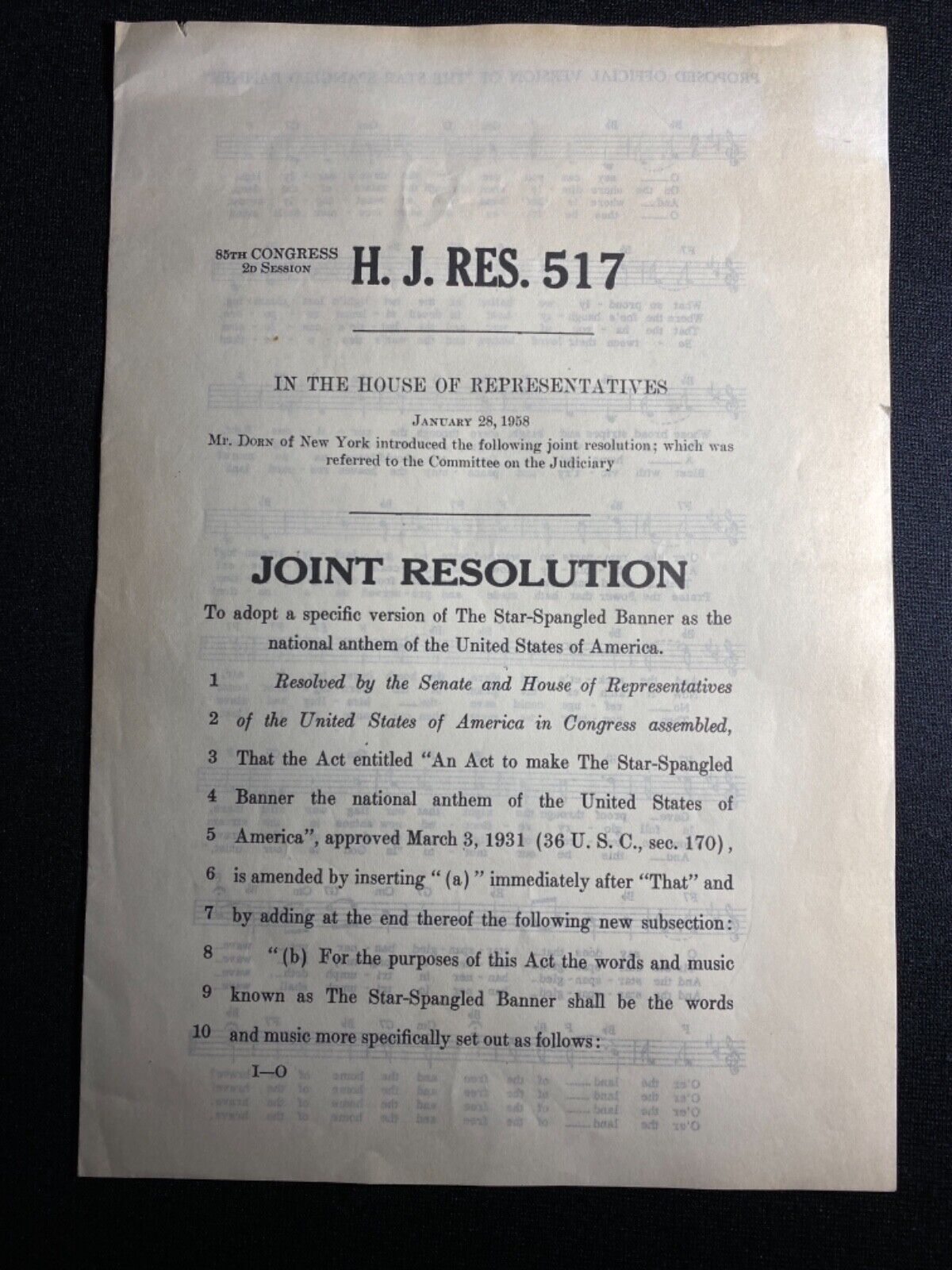 1958 Joint Resolution of Congress Adopting Off. Version of Star Spangled Banner