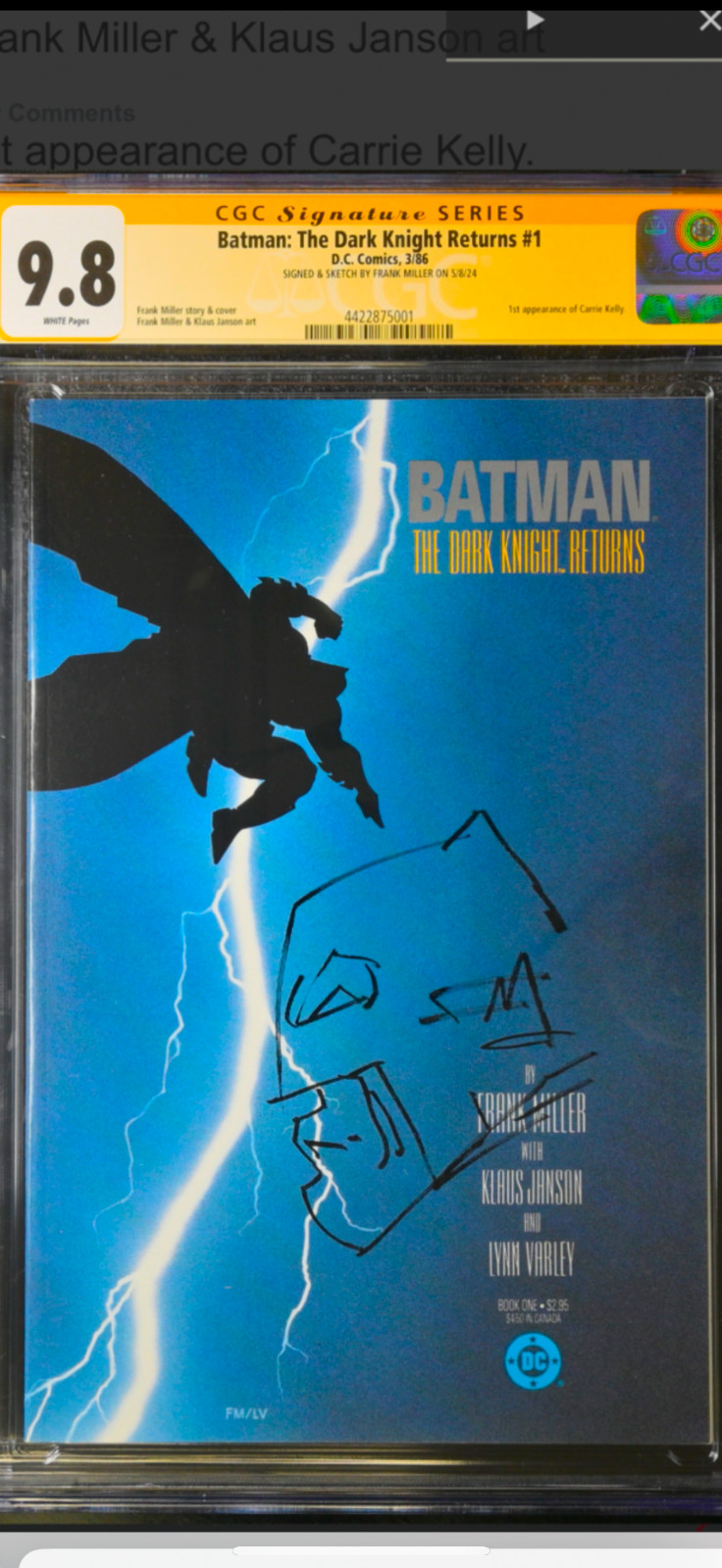Batman The Dark Knight Returns #1 CGC 9.8 Signed + Sketched by Frank Miller🔥