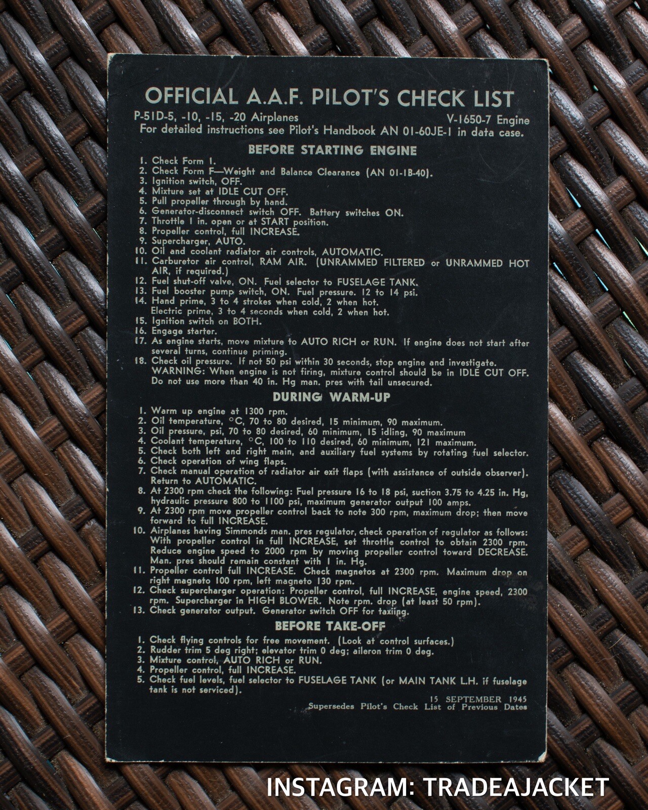 EXTREMELY RARE WWII USAAF P-51D MUSTANG OFFICIAL A.A.F PILOT’S CHECK LIST
