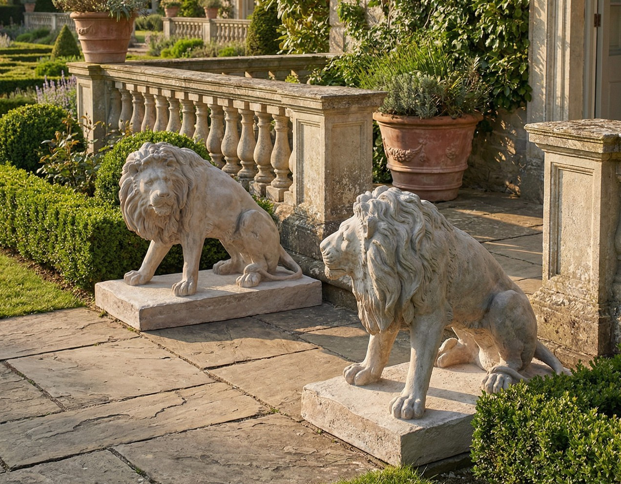 Stunning Pair of Entry Lions in Rough Stone Statues-52'' x 40''H Stunning Pair of Entry Lions in Rough Stone Statues-52'' x 40''H