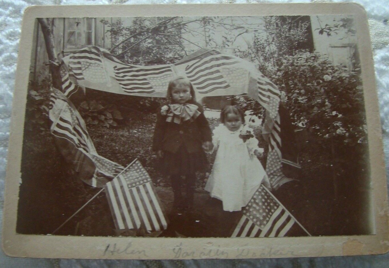 Antique 4 JULY 1890s Black American Girls  by 42 Star Flag & BANNER HELEN DECKER