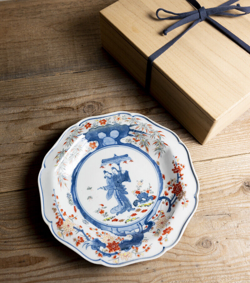 Antique Kakiemon Color Picture Figure Design Plate Round Flower Text Brocade Han