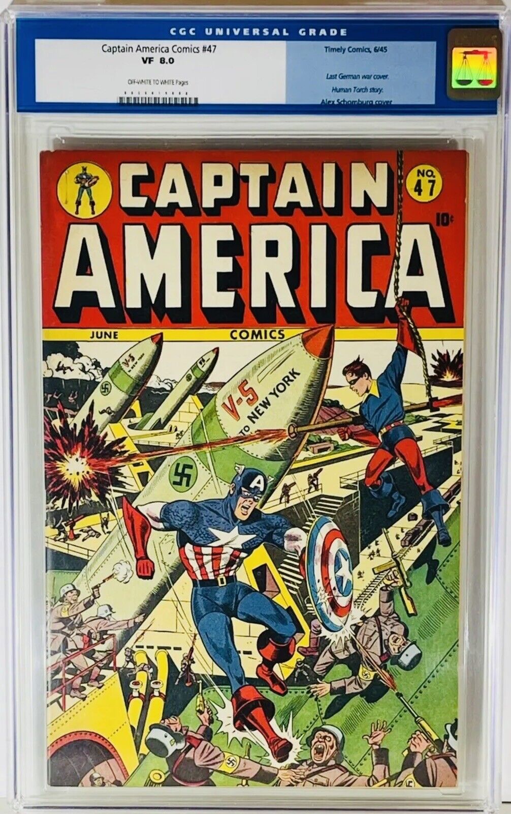Captain America Comics #47,CGC 8.0 ⭐️1945 Very Fine 🔥Schomburg Last WWII CVR
