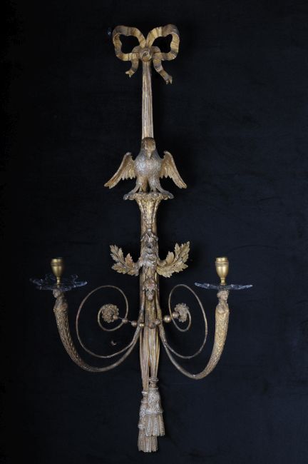 Pair Of Large Empire Wall Sconces Around 1800, Linden Wood Gilded F-106 Pair Of Large Empire Wall Sconces Around 1800, Linden Wood Gilded F-106