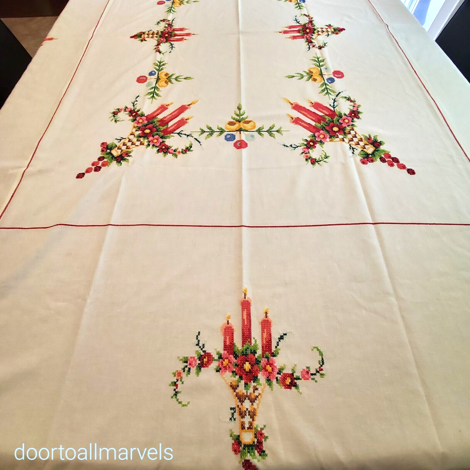Vintage Table Cloth & Napkins Gorgeous HandMade Cross Stitch Embroidered Festive