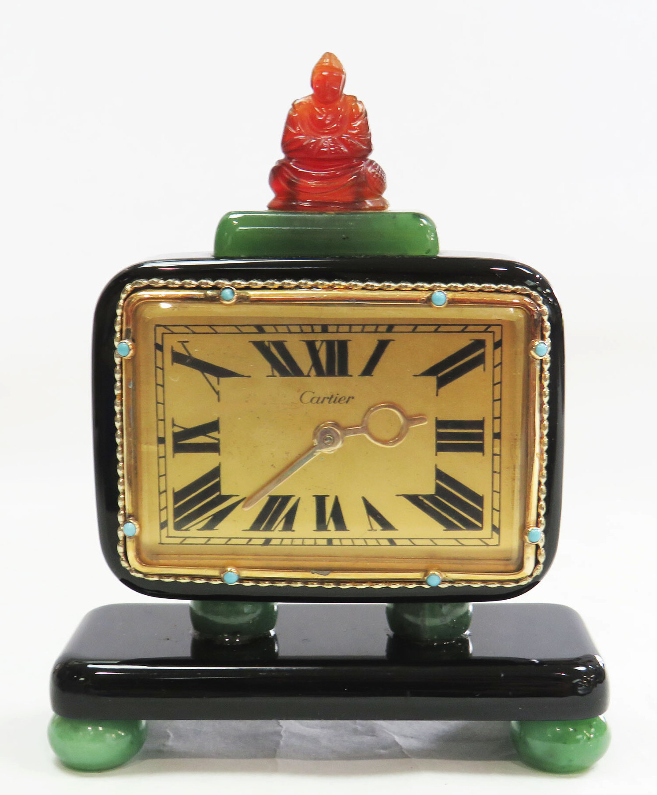 RARE CARTIER DECO ERA RED & GREEN JADE 18K GOLD CLOCK WITH CARTIER DOCUMENTS