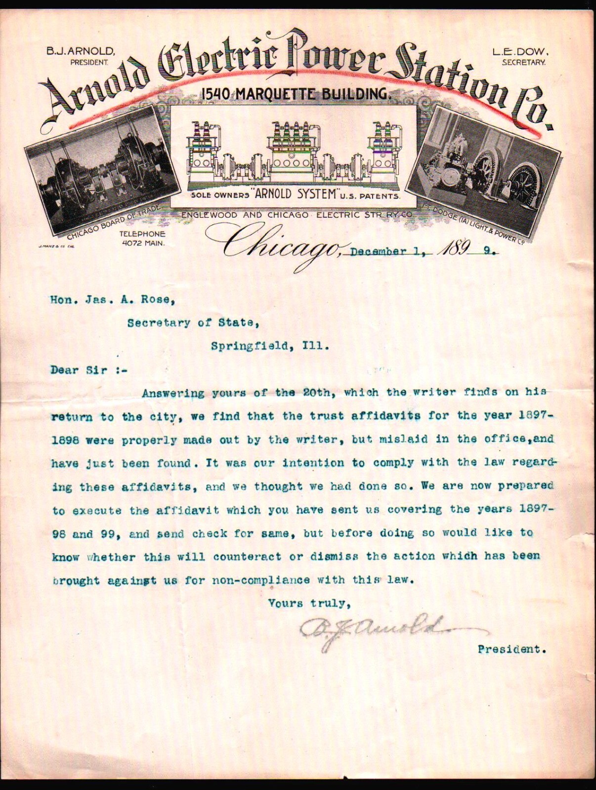1899 Chicago IL - Arnold Electric Power Station Co - Rare Letter Head Bill 1899 Chicago IL - Arnold Electric Power Station Co - Rare Letter Head Bill