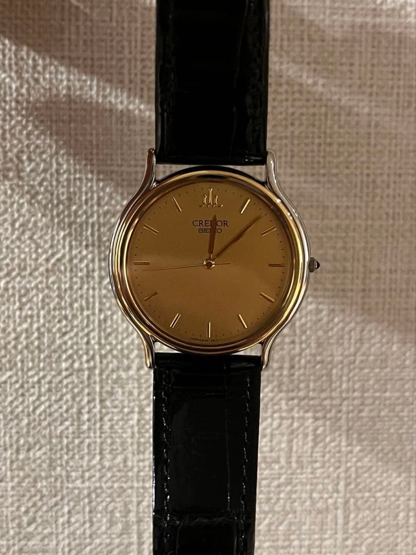 Seiko CREDOR Men's Watch Gold Dial Black Leather 18KT Bezel Quartz Near Mint