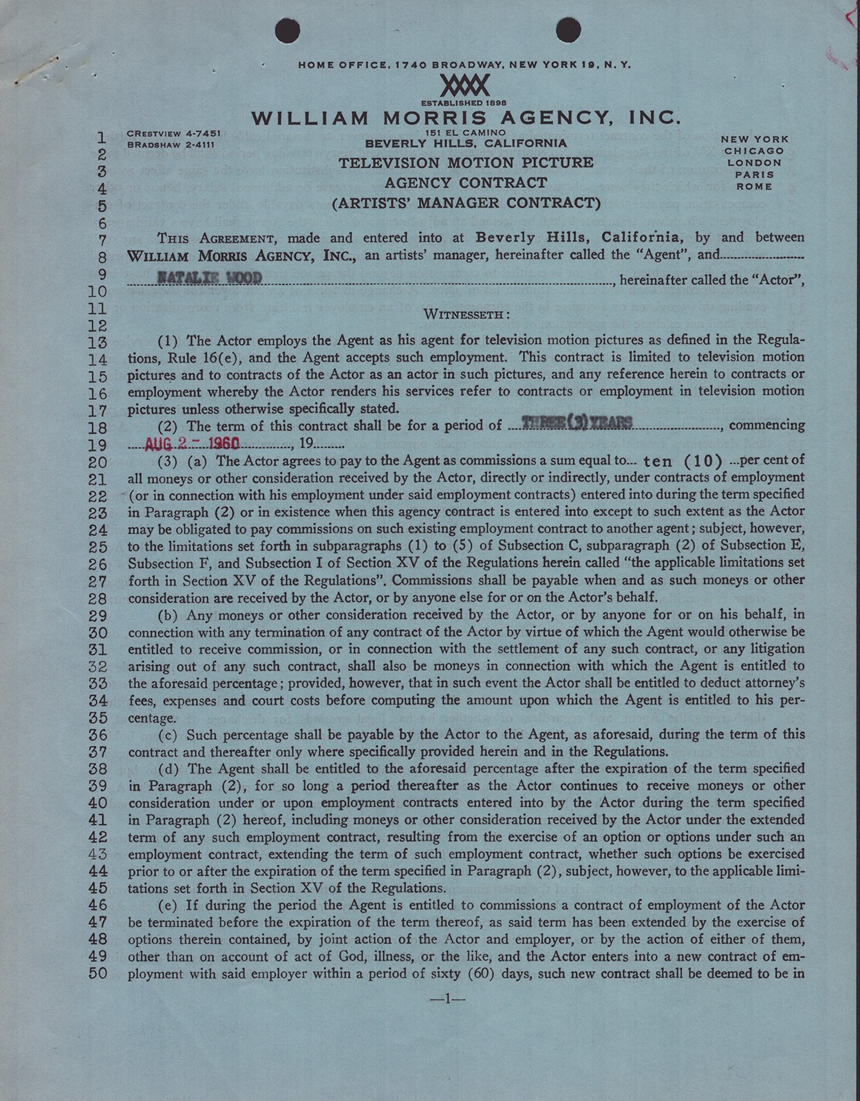 NATALIE WOOD - CONTRACT SIGNED 08/02/1960 NATALIE WOOD - CONTRACT SIGNED 08/02/1960