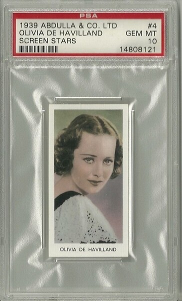 1939 Abdulla & Co. Screen Stars OLIVIA DE HAVILLAND #4 PSA 10 GEM MT - Pop. 1/2 1939 Abdulla & Co. Screen Stars OLIVIA DE HAVILLAND #4 PSA 10 GEM MT - Pop. 1/2