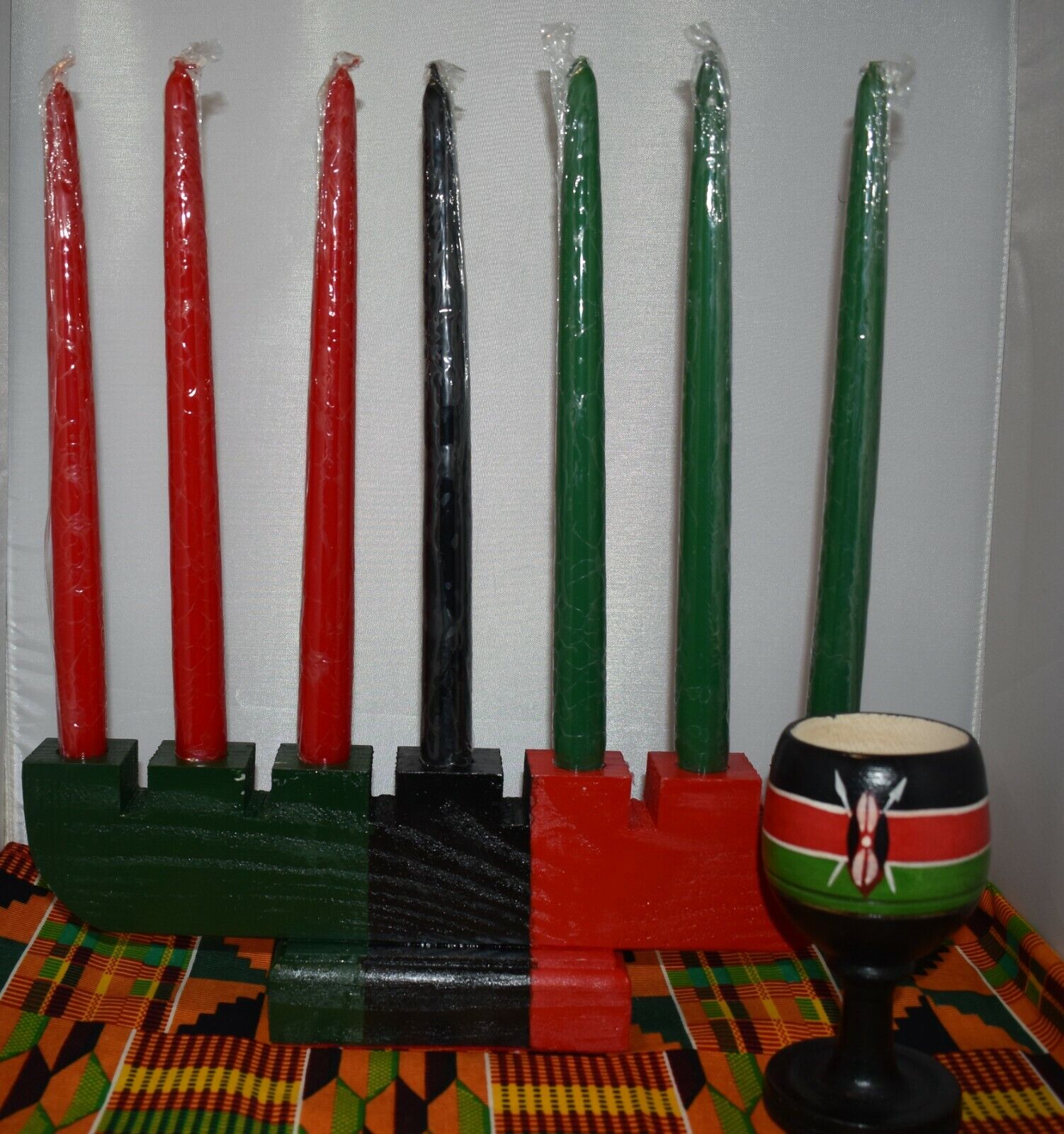Large Red Black,Green Wooden Kwanzaa Set, Kinara, Candles, Unity Cup,Kente Cloth