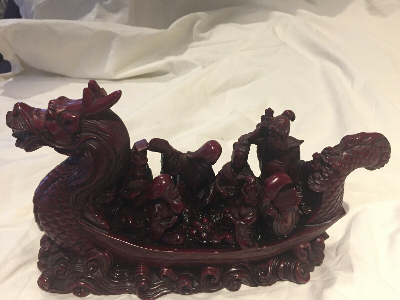 Vintage Chinese Large Red Resin Dragon Boat Statue Figurine Good Fortune