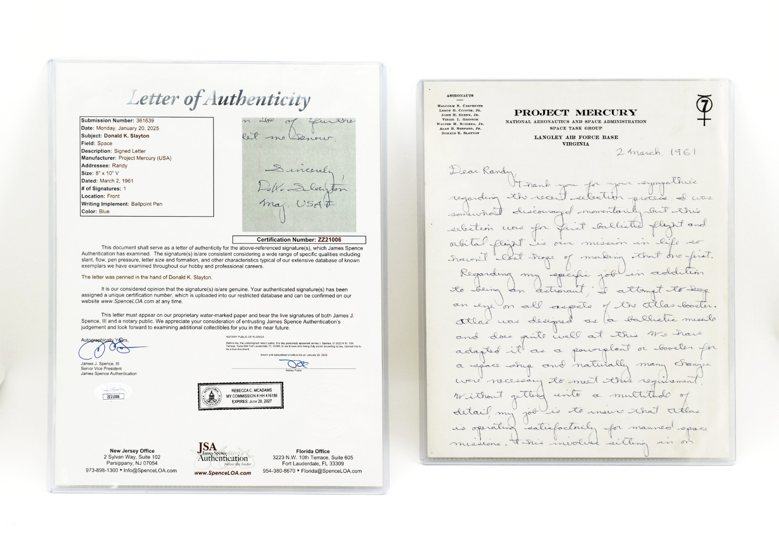 Deke Slayton SIGNED 1961 NASA Letter Mercury 7 Astronaut w/ JSA COA Space ASTP Deke Slayton SIGNED 1961 NASA Letter Mercury 7 Astronaut w/ JSA COA Space ASTP