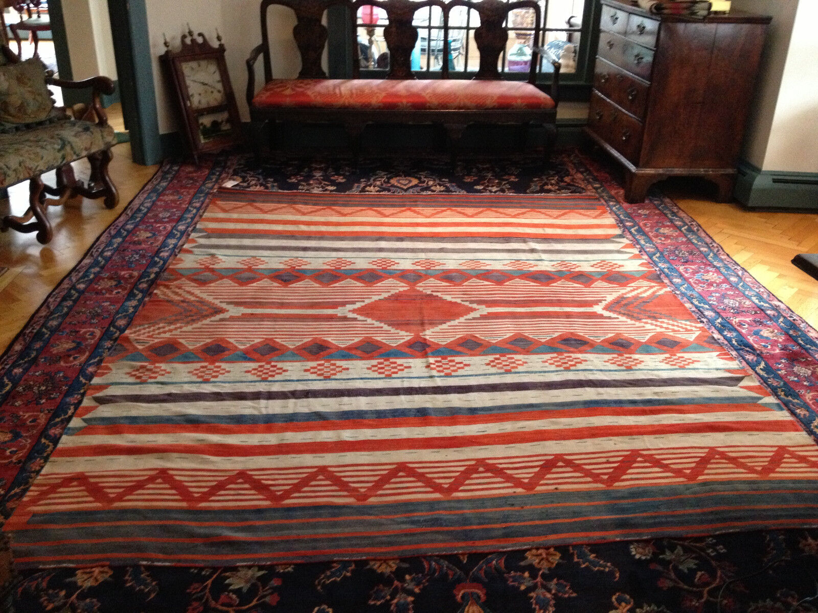 Large Vintage Navajo Weaving Blanket Tightly Woven & Unusual,  9ft 3in x 7ft