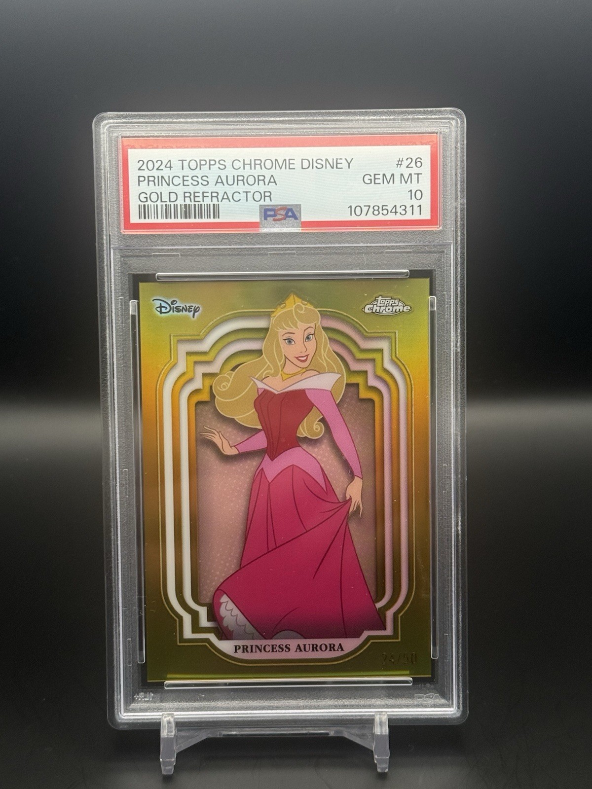2024 Topps Chrome Disney Princ Aurora Sleeping Beauty Gold Ref Yr #24/50 PSA 10 2024 Topps Chrome Disney Princ Aurora Sleeping Beauty Gold Ref Yr #24/50 PSA 10