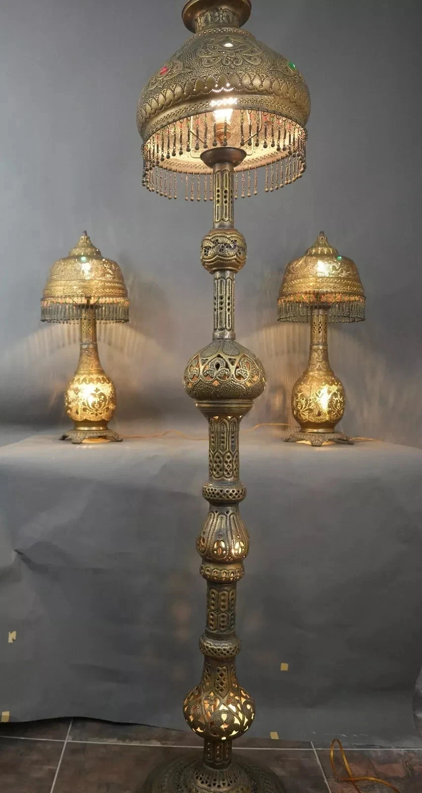 Antique Floor Lamp & 2 Table Lamps Set – Filigree Jeweled Accent Islamic Moorish Antique Floor Lamp & 2 Table Lamps Set – Filigree Jeweled Accent Islamic Moorish