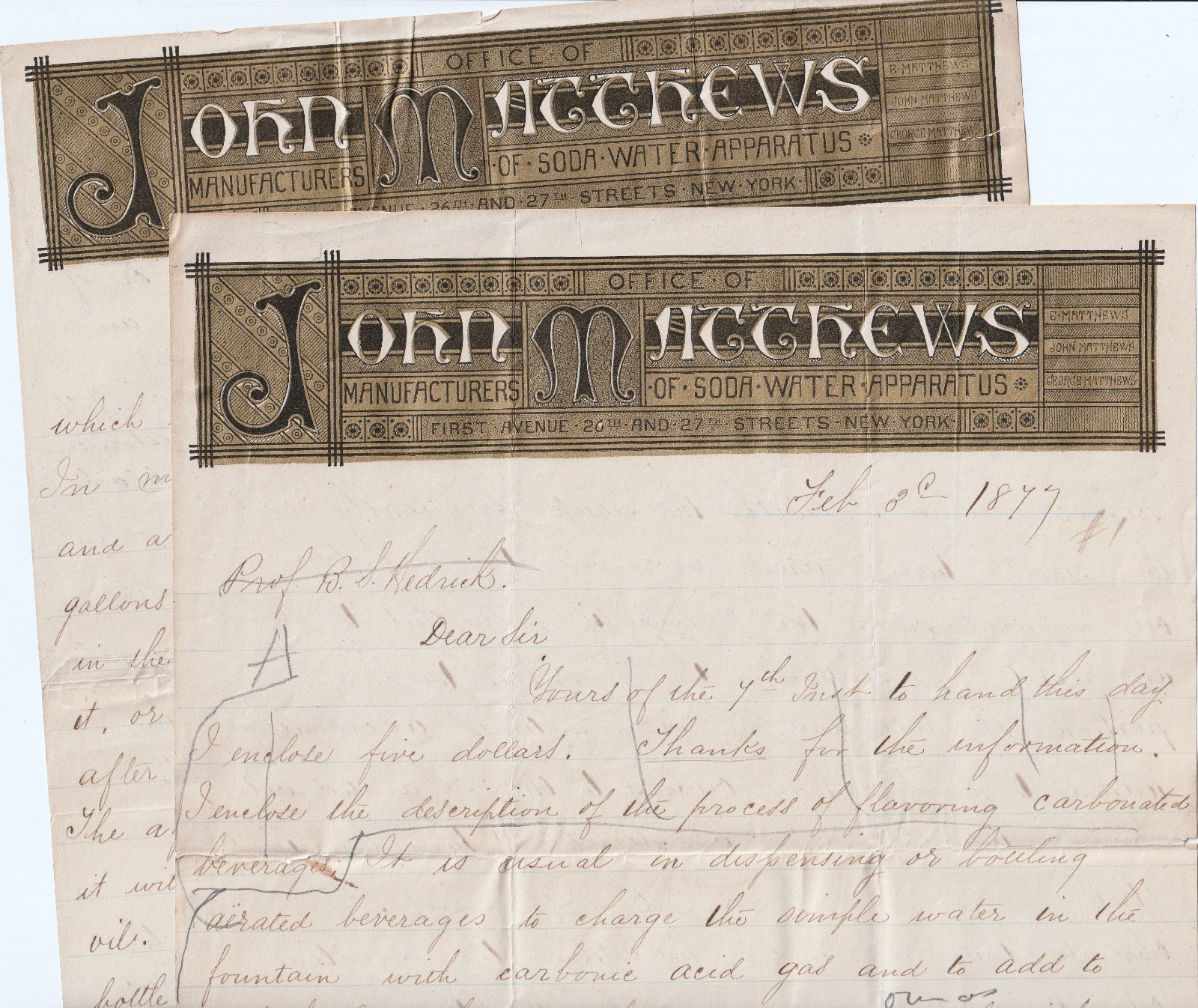 RARE Autograph Letter Signed - 4pgs- John Matthews  Soda Water Apparatus NY 1877
