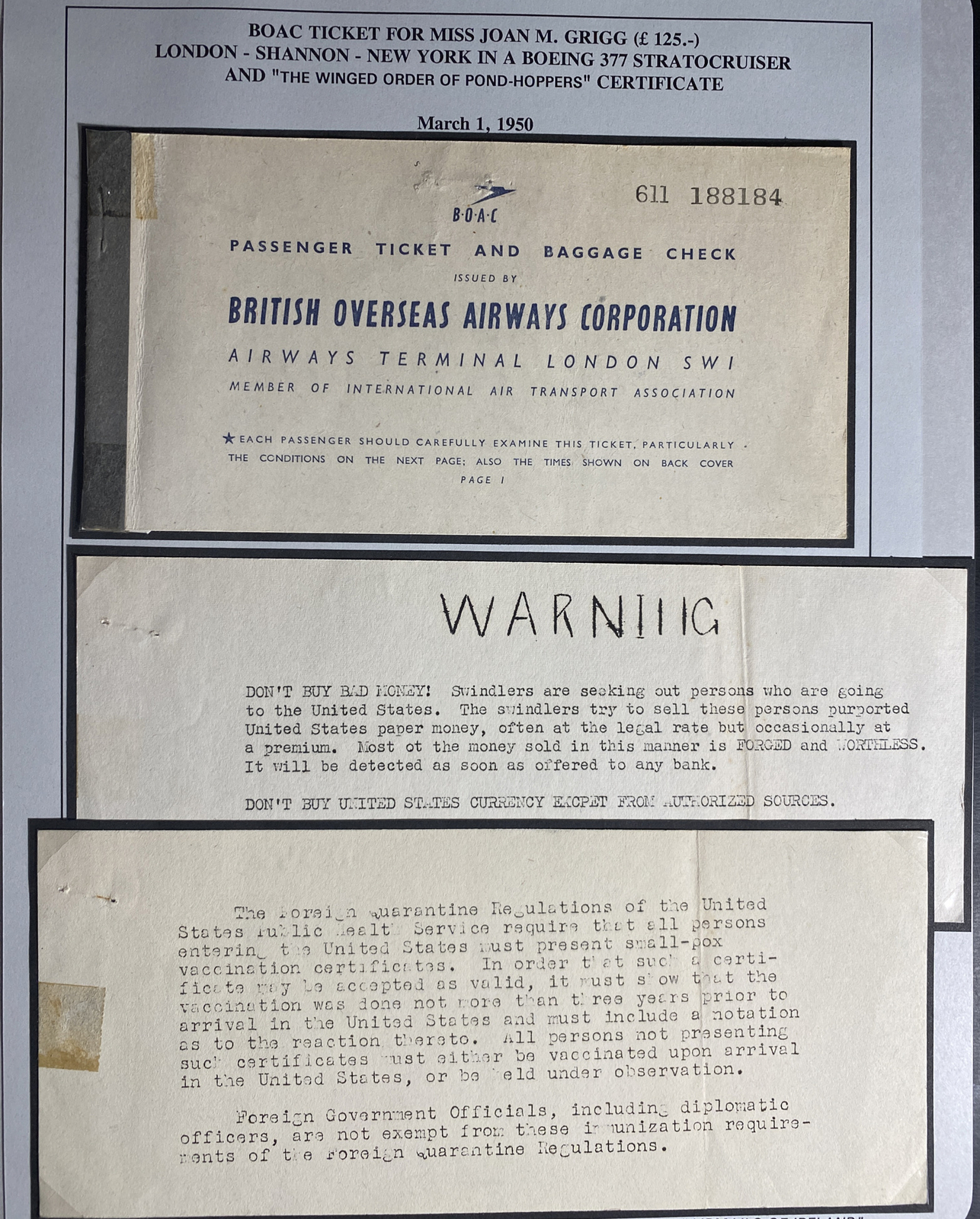 British Overseas Airways BOAC Passenger Ticket & Baggage Check British Overseas Airways BOAC Passenger Ticket & Baggage Check