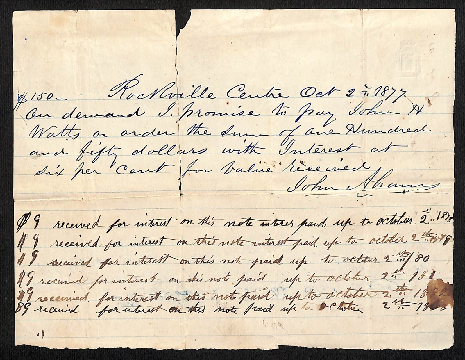 1877 John Abrams Rockville Centre, NY Promissory Note w/ Int. Payment History 1877 John Abrams Rockville Centre, NY Promissory Note w/ Int. Payment History