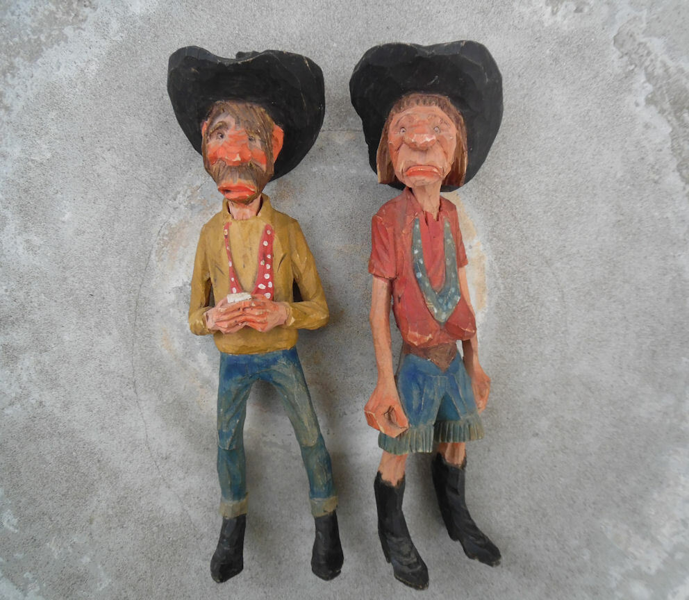 VINTAGE CARVED WOOD FIGURE WESTERN COUPLE FIGURES  LOT OF 2