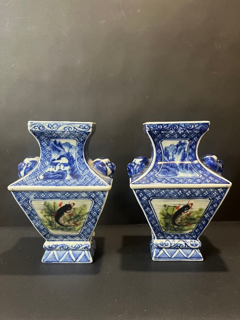 [Eight Fortunes] China Qing Dynasty Vase Pair of Window Paintings Pair of Carp