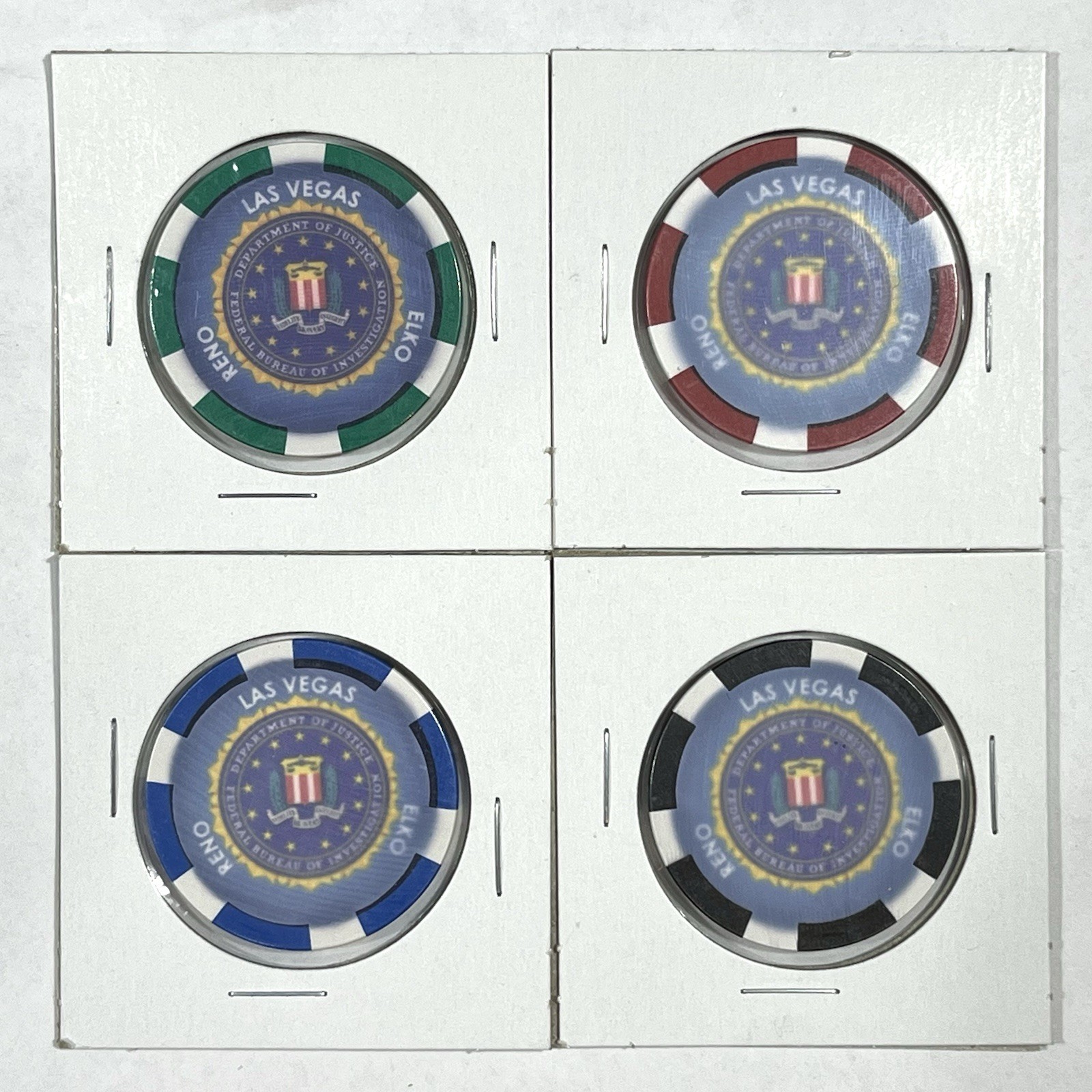 4 FBI Department of Justice CERAMIC Challenge Coins LAS VEGAS Elko RENO - FADED 4 FBI Department of Justice CERAMIC Challenge Coins LAS VEGAS Elko RENO - FADED