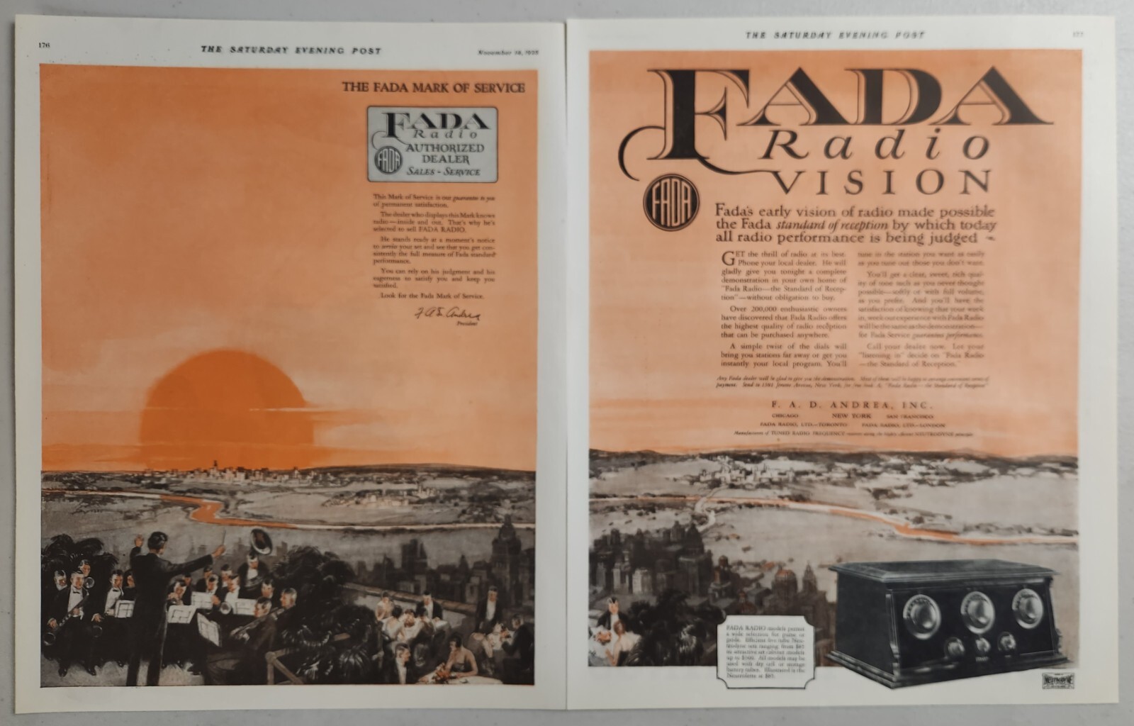 1925 Print Ad Fada Radio Vision Mark of Service F.A.D. Andrea Inc.