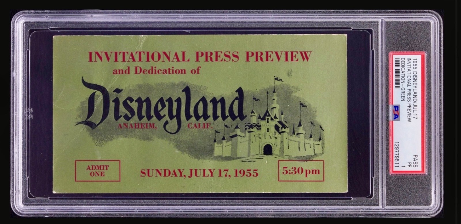 PSA 1 - JULY 17, 1955 DISNEYLAND invitational press preview GREEN TICKET PASS