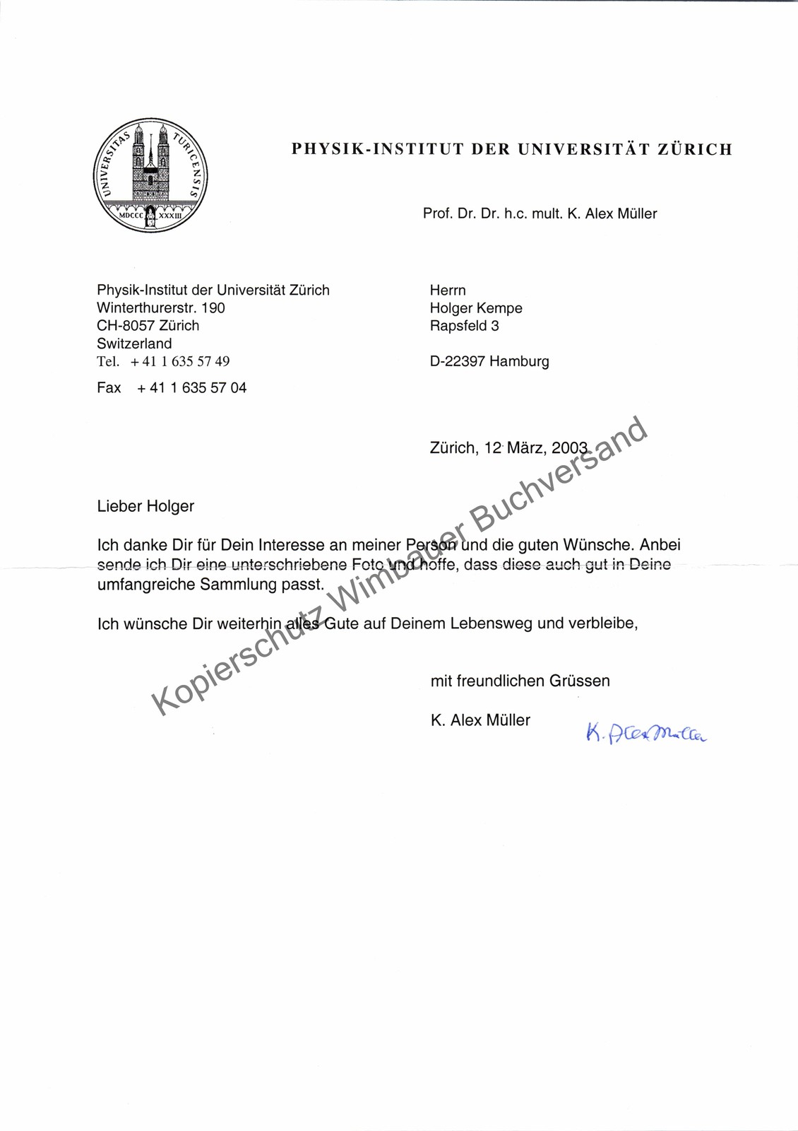 Original Autograph Karl Alexander Müller (1927-2023) Nobel Prize Physics 1987 ///