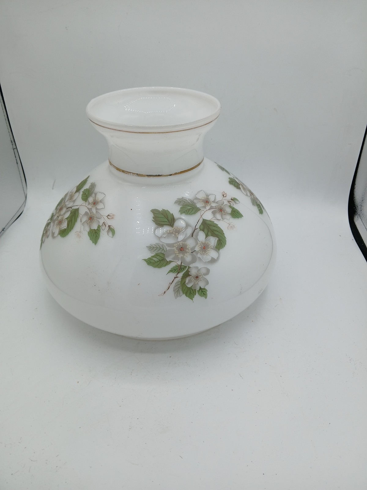 Vintage Milk Glass Lamp Shade Floral Dogwood White Gold Band Oil Lamp Parts 