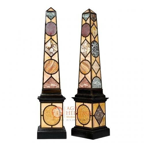 8.5' Pair of Black Marble Obelisks Specimen with Italian Pietre Dure Mosaic E522