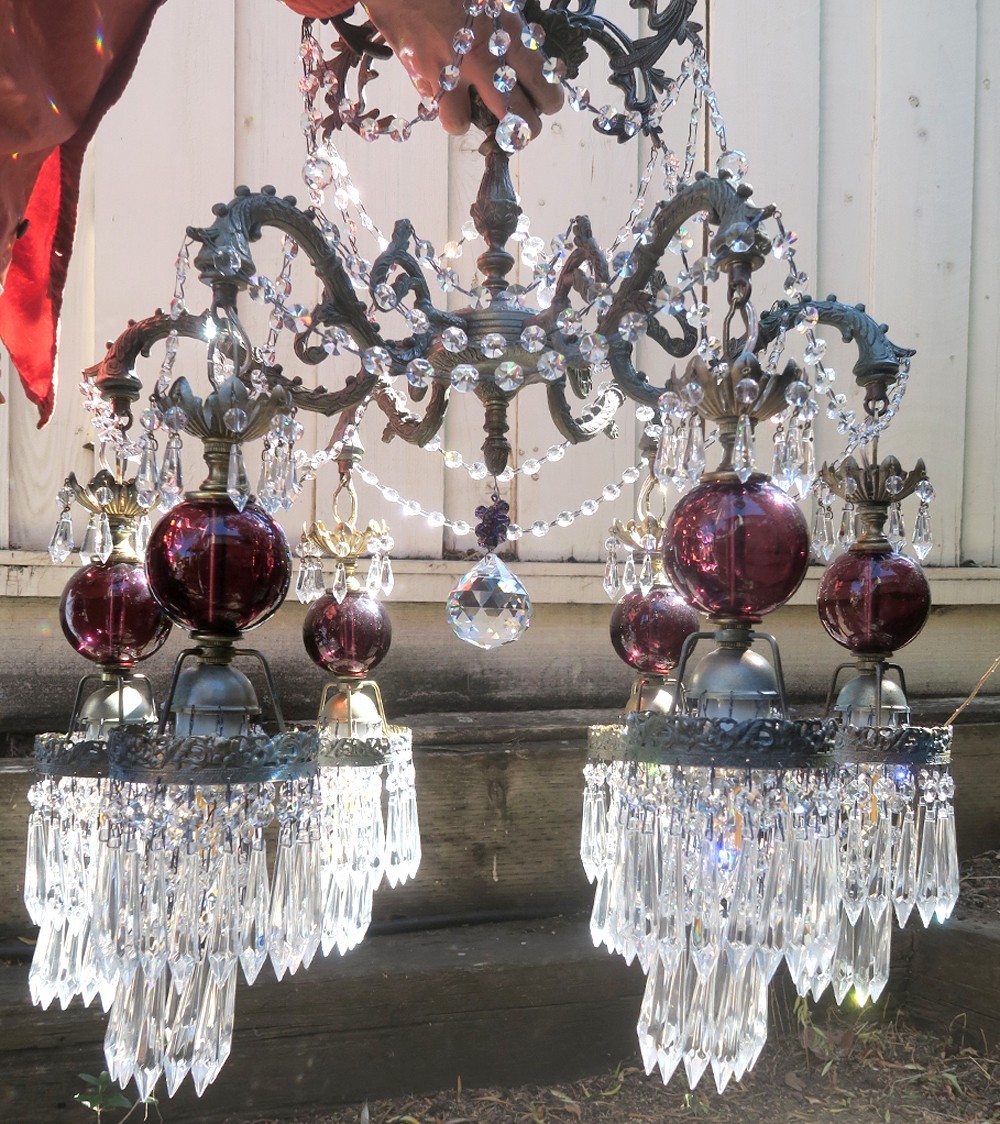 LG Chandelier lamp Vintage Purple glass Brass Bronze Gothic Medieval Dragon Insp LG Chandelier lamp Vintage Purple glass Brass Bronze Gothic Medieval Dragon Insp